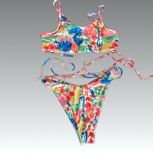 ZAFUL Floss Criss Cross 2 Pc Bikini scoop neck high cut brazilian swim Small 4